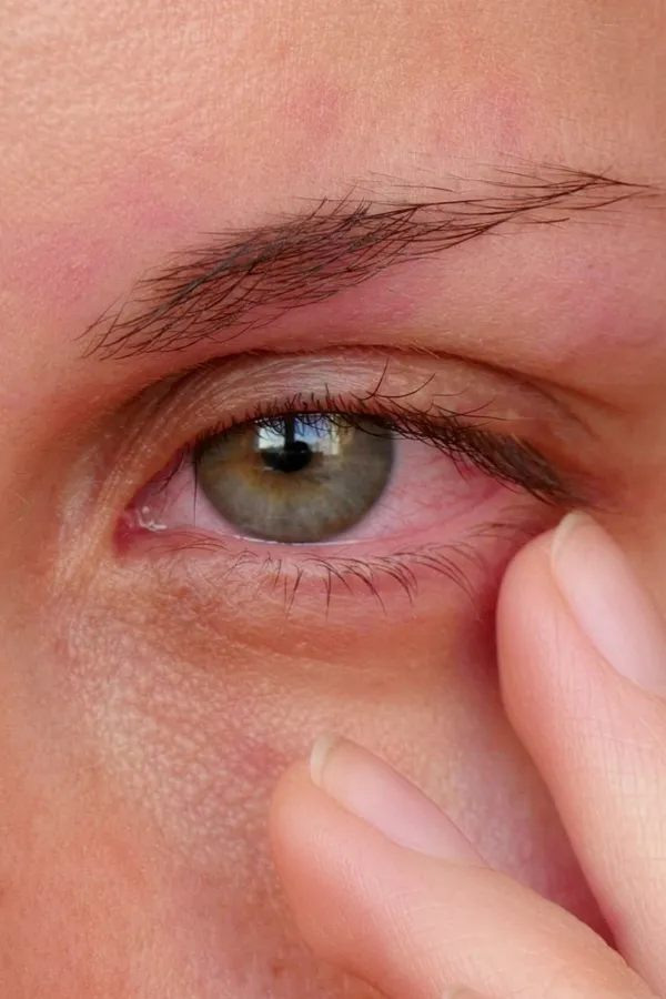 Allergic-Conjunctivitis-Treatment Close-up of a woman touching the edge of her eye which is red due to allergy irritation. Get treatment for allergic conjunctivitis from AZENA Health & Longevity in Gainesville.