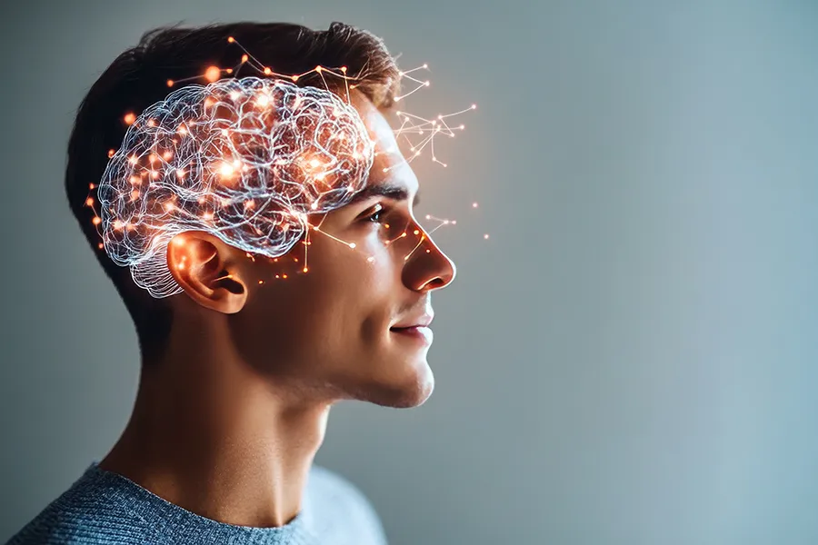 Brain-and-Cognitive-Health-Clinic An illustration of a human brain with healthy sparkling synapses transposed over an image of a man. Schedule brain health and cognitive optimization treatment from AZENA Health & Longevity in Gainesville.