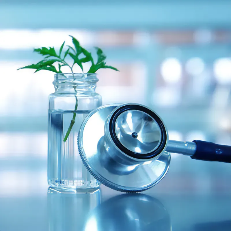 A tableau with a stethoscope and a vial containing clear fluid and an herb. You can get naturopathic treatment for your health conditions from AZENA Health & Longevity in Gainesville.