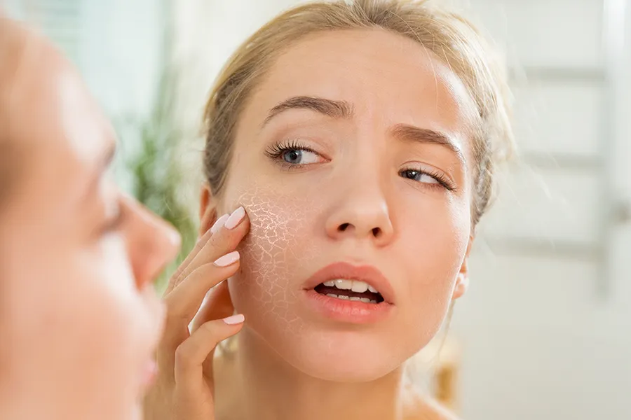 Sjogrens-Syndrome-Clinic A woman looks in the mirror with a concerned expression and touches a dry, cracked area on her face. Schedule treatment for Sjogrens Syndrome from AZENA Health & Longevity in Gainesville.